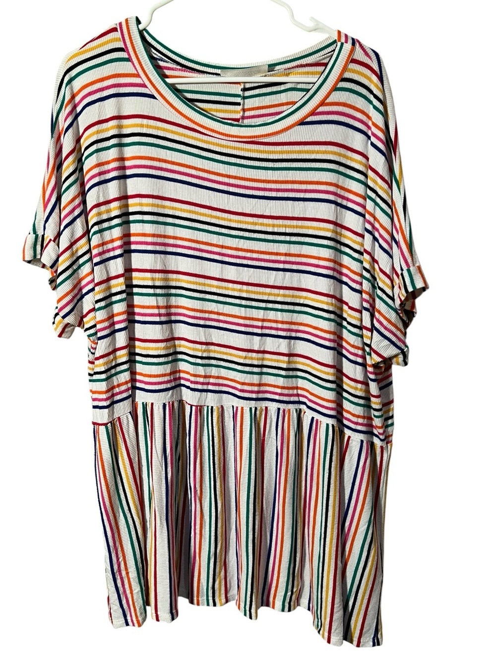 Haptics by Holly Harper Women's Plus Size 3X Ribbed T-Shirt White Rainbow Stripe